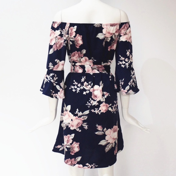 Boho Off Shoulder Navy Floral Chiffon Mini Dress - Picture 6 of 13